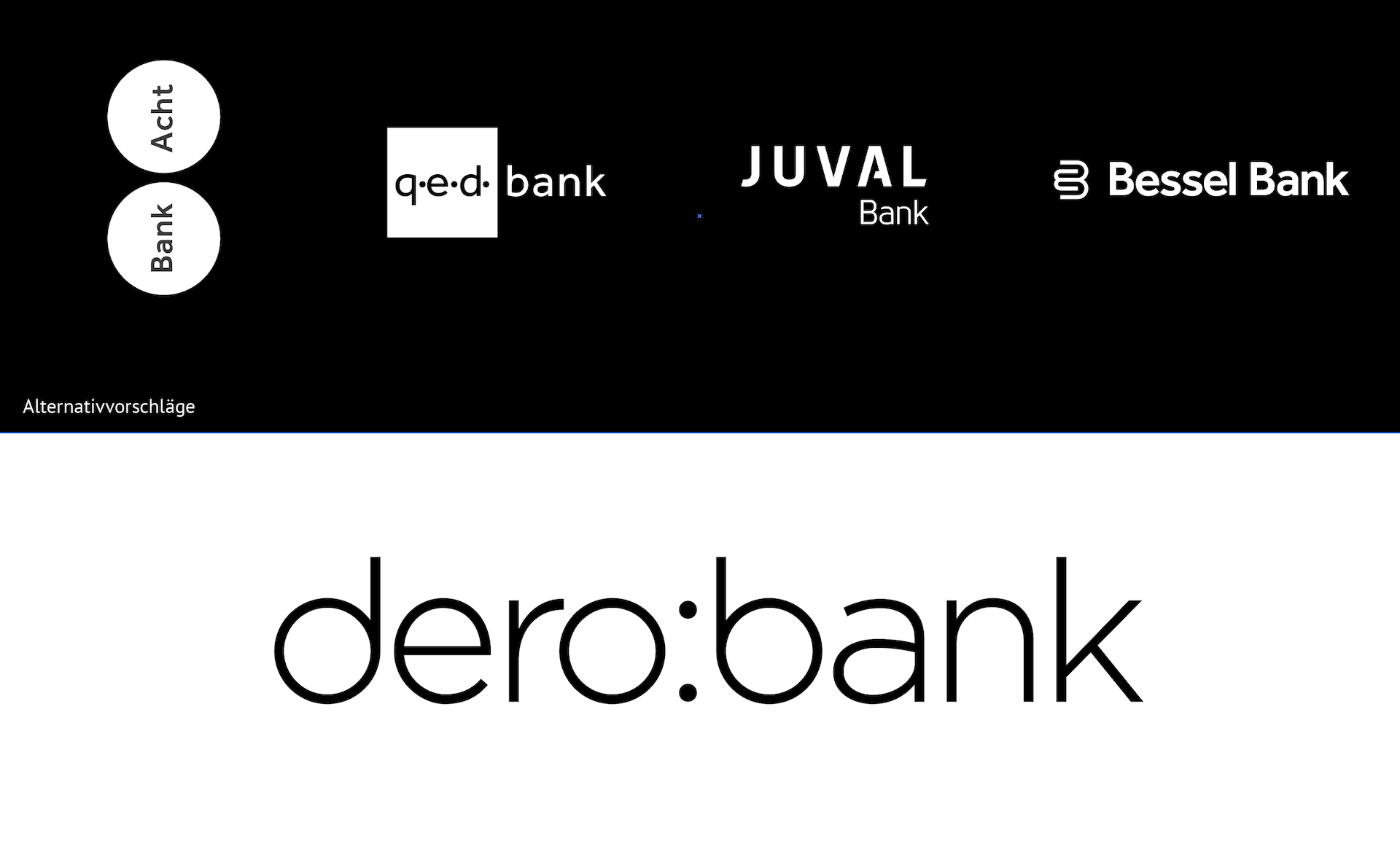 Example of alternatives for Dero:banks name: Bank Acht, QED Bank, Juval Bank, Bessel Bank